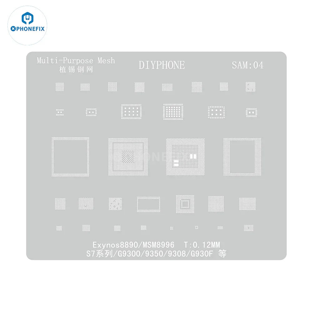 Samsung BGA Reballing Stencil by PHONEFIX, 0.12mm universal Amaoe CPU reballing stencil for precise soldering repairs.