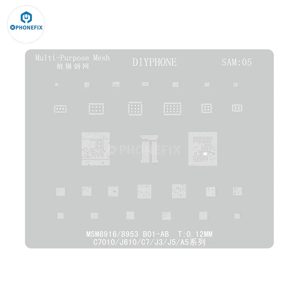 Samsung 0.12mm universal BGA reballing stencil for CPU rework, with PHONEFIX branding, shown on SIM5_-01.jpg.