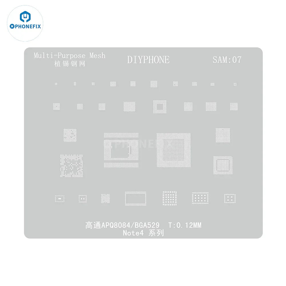 Samsung BGA Reballing Stencil by PHONEFIX, 0.12mm universal Amaoe CPU reballing stencil, shown in SIM7_-01.jpg.
