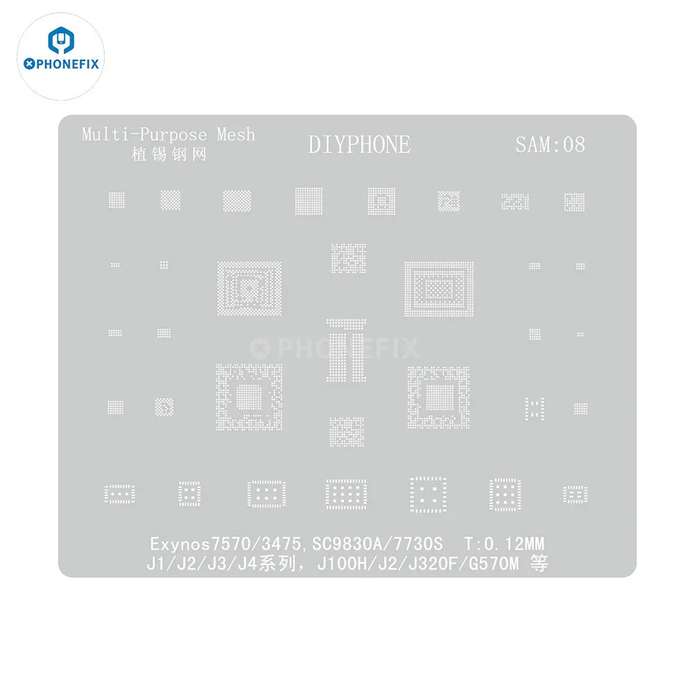 Samsung 0.12mm universal Amaoe CPU BGA reballing stencil by PHONEFIX, with detailed metal mesh design for precise reballing.