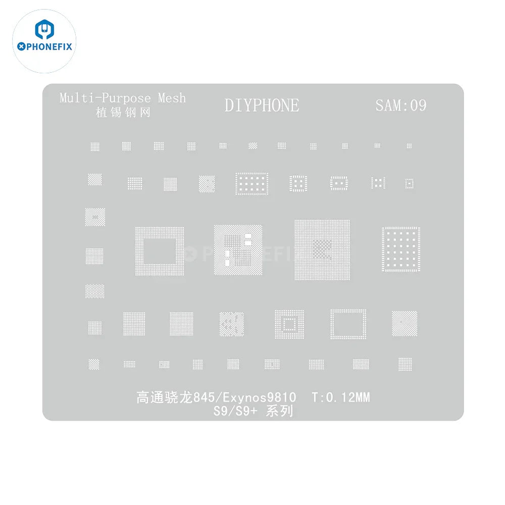 Samsung 0.12mm universal BGA reballing stencil by PHONEFIX for CPU and Amaoe chip reballing, shown in SIM9_-01.jpg.