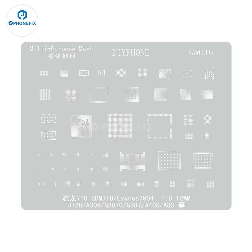 Samsung 0.12mm universal Amaoe BGA reballing stencil by PHONEFIX, shown with detailed metal mesh for CPU reballing.