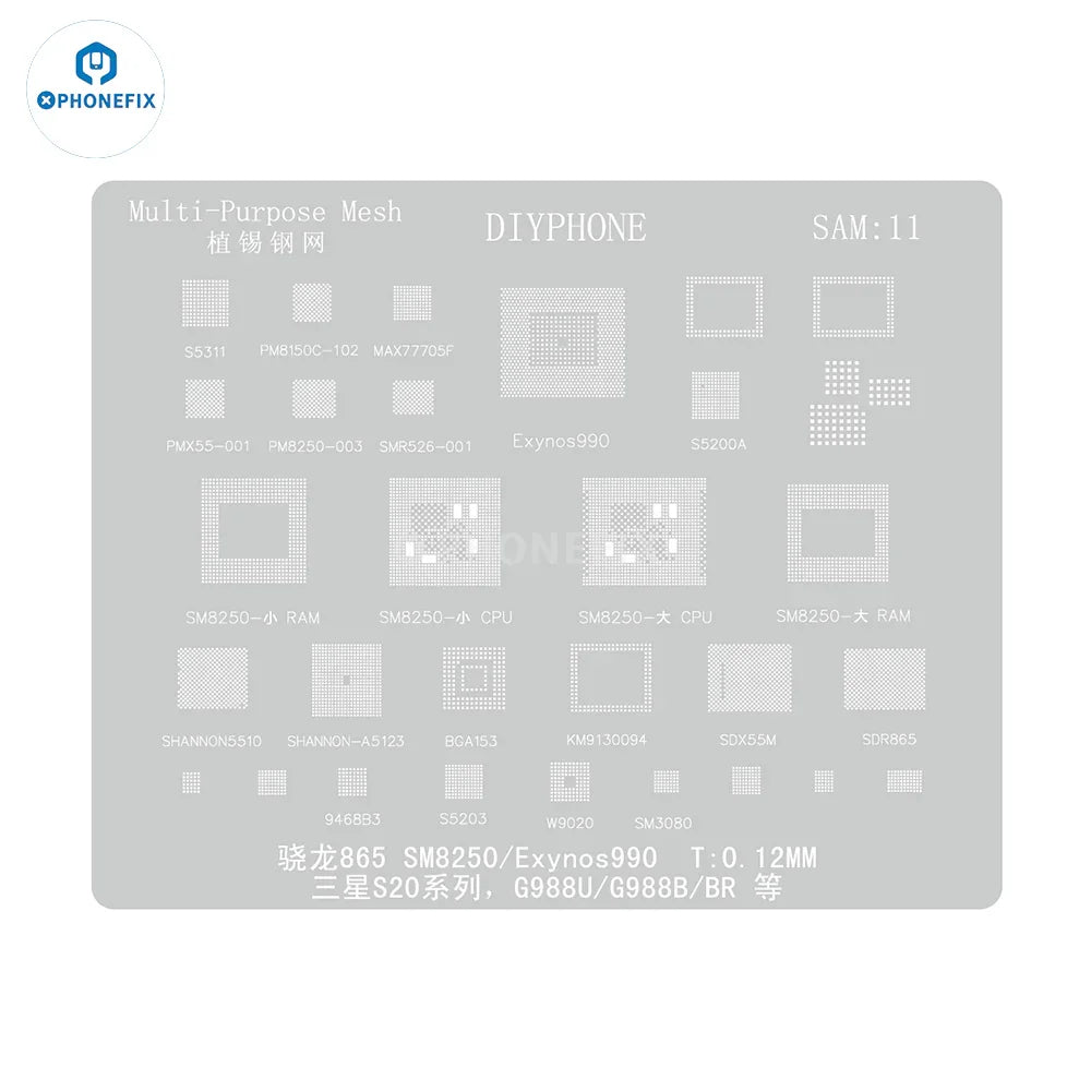 Samsung 0.12mm universal Amaoe CPU BGA reballing stencil for precise reworking of mobile device chips.