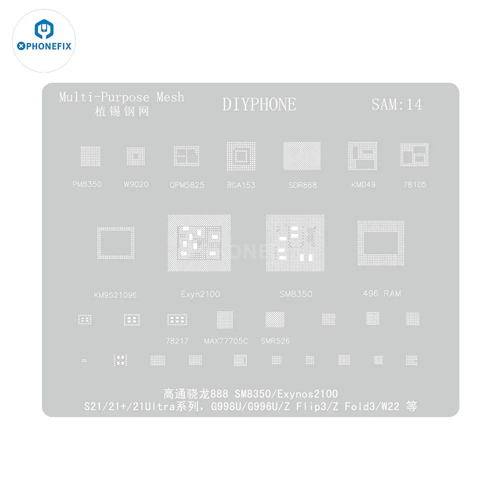 Samsung BGA reballing stencil for CPU repair, thin 0.12mm universal Amaoe stencil by PHONEFIX, shown in SIM14_-01.jpg.
