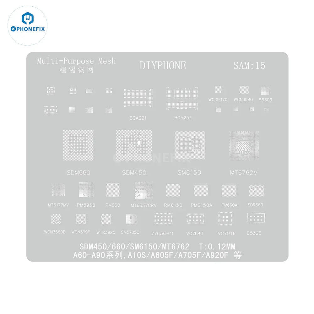 Samsung 0.12mm Universal Amaoe CPU BGA Reballing Stencil by PHONEFIX, showing the precise stencil with detailed grid pattern.