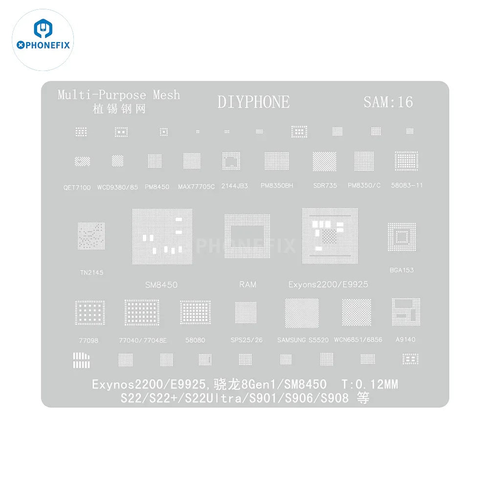 Samsung 0.12mm universal BGA reballing stencil by PHONEFIX with detailed holes for precise CPU reballing process.