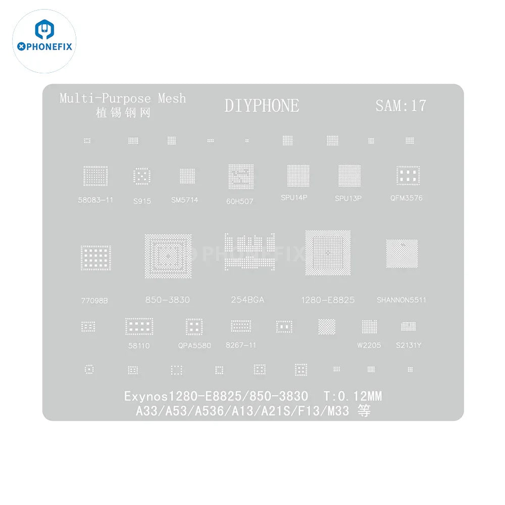 Samsung universal 0.12mm BGA reballing stencil for CPU repair by PHONEFIX, shown with detailed grid pattern for precise reballing.