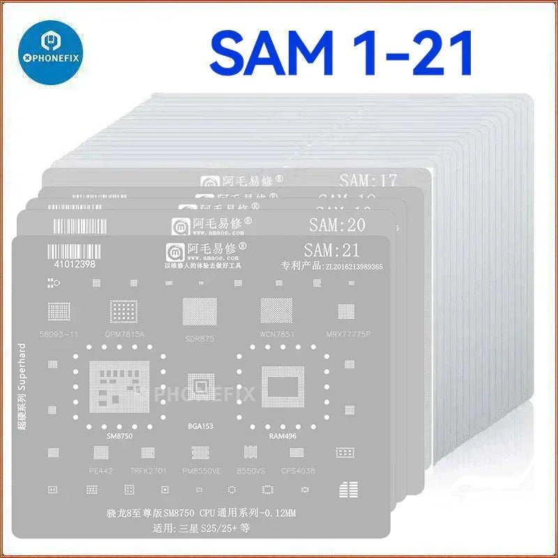 PHONEFIX Amaoe BGA Reballing Stencil Template for Samsung SAM1-SAM 22, precision-made for reballing repair work.
