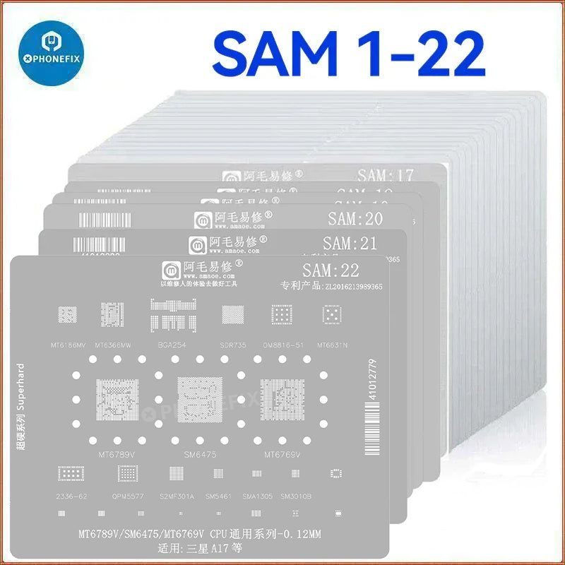 PHONEFIX Amaoe BGA Reballing Stencil Template for Samsung SAM1-SAM 22, precision tool for BGA reballing process.