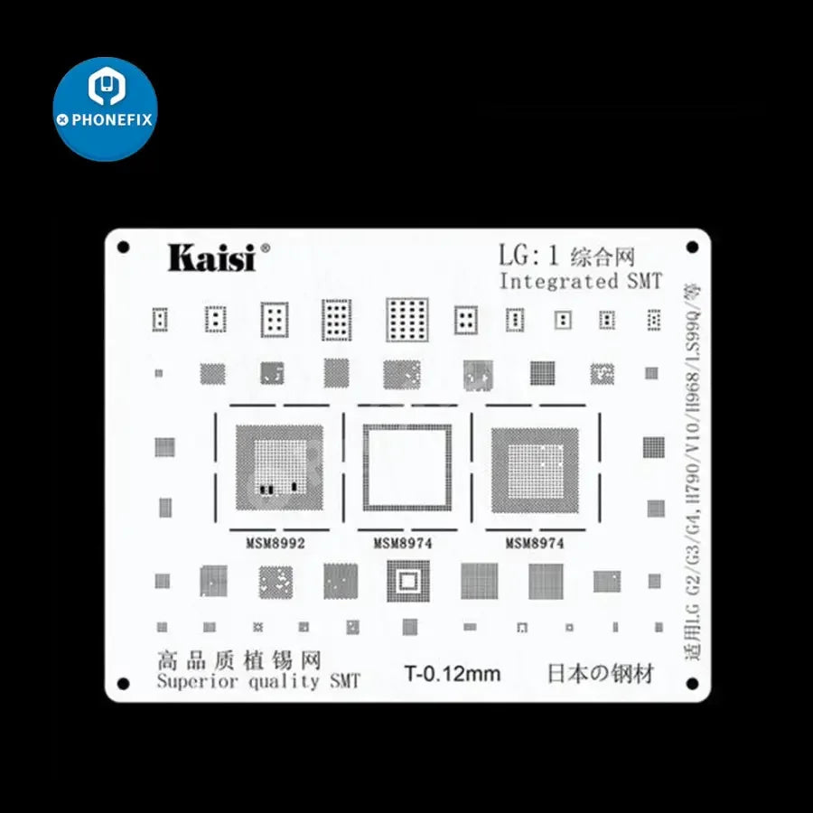 PHONEFIX BGA Reballing Stencil Kit for Samsung, Huawei, Xiaomi, Oppo, Meizu, LG smartphones, with multiple stencil sizes.
