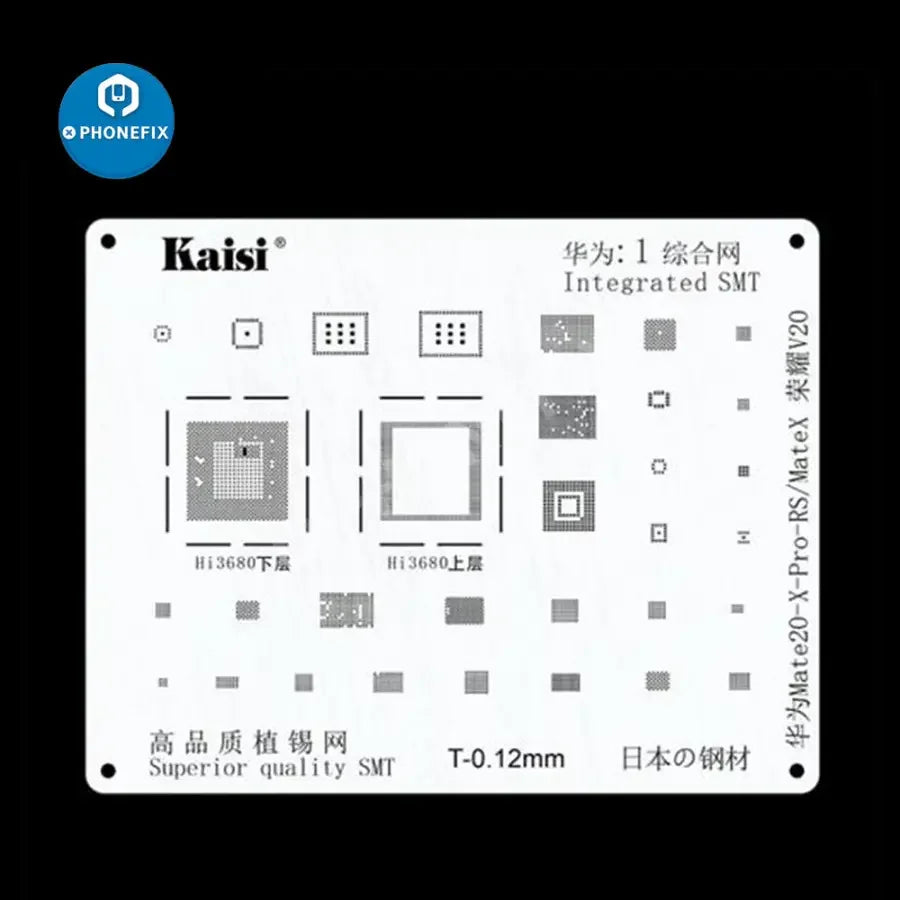 PHONEFIX BGA Reballing Stencil Kit for Samsung, Huawei, Xiaomi, Oppo, Meizu, LG smartphones, with multiple stencil sizes included.