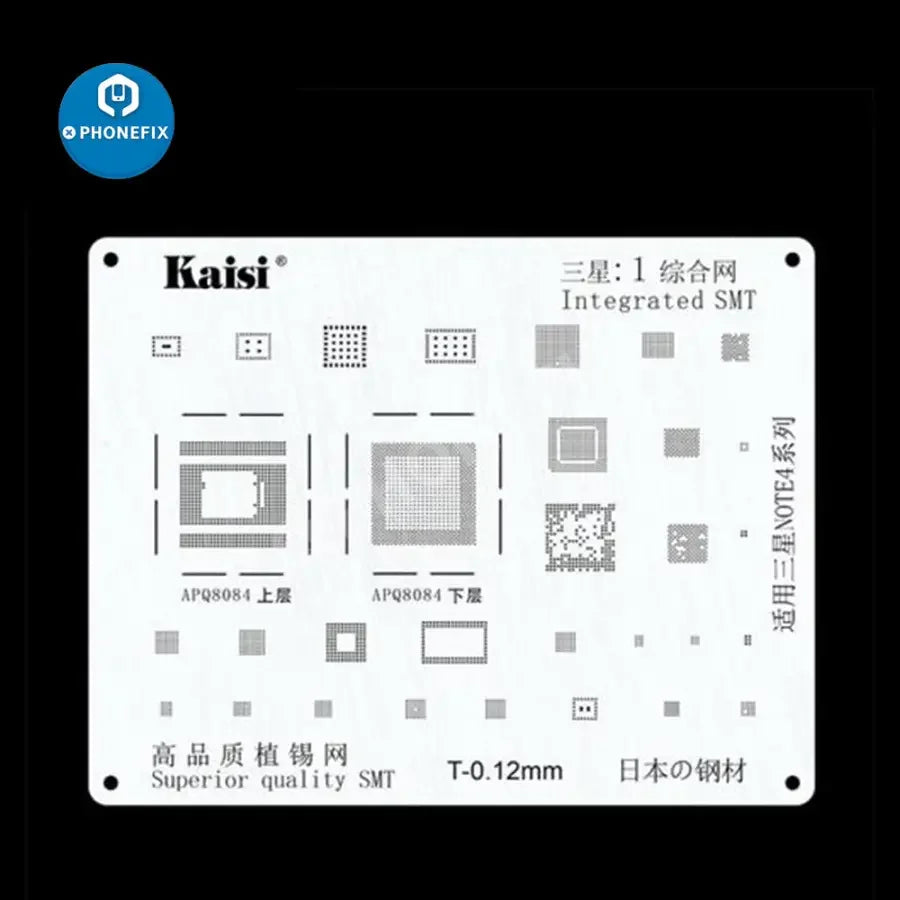 PHONEFIX BGA Reballing Stencil Kit for Samsung, Huawei, Xiaomi, Oppo, Meizu, LG smartphones, including multiple stencil sizes.