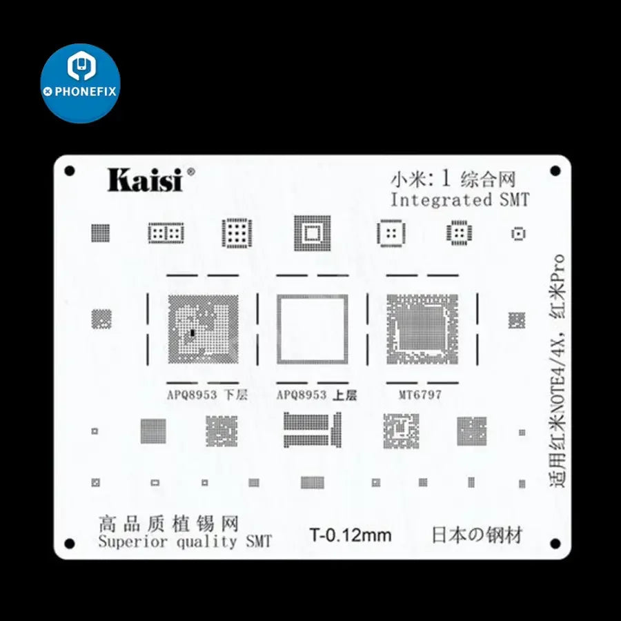 PhoneFix BGA Reballing Stencil Kit for Samsung, Huawei, Xiaomi, Oppo, Meizu, LG smartphones, featuring precise stencil patterns.