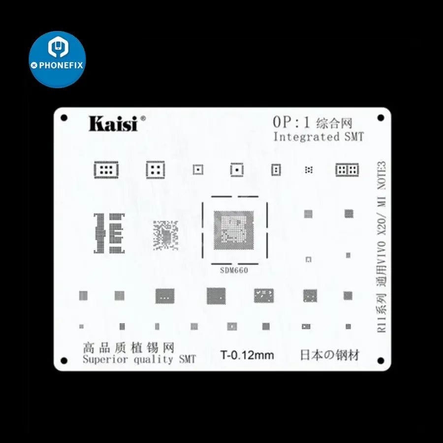 PHONEFIX BGA Reballing Stencil Kit Set for Samsung, Huawei, Xiaomi, Oppo, Meizu, LG smartphones, with detailed stencil sheets.