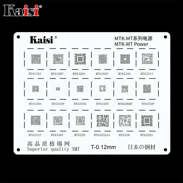 PHONEFIX BGA Reballing Stencil Kit for Samsung, Huawei, Xiaomi, OPPO, Meizu, LG smartphones, with multiple stencil sizes and tools.