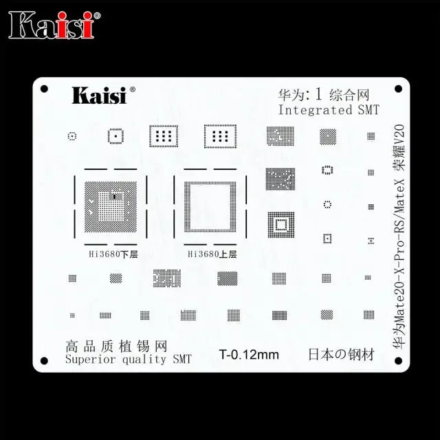 PHONEFIX BGA Reballing Stencil Kit for Samsung, Huawei, Xiaomi, Oppo, Meizu, LG smartphones, featuring precise stencil patterns.