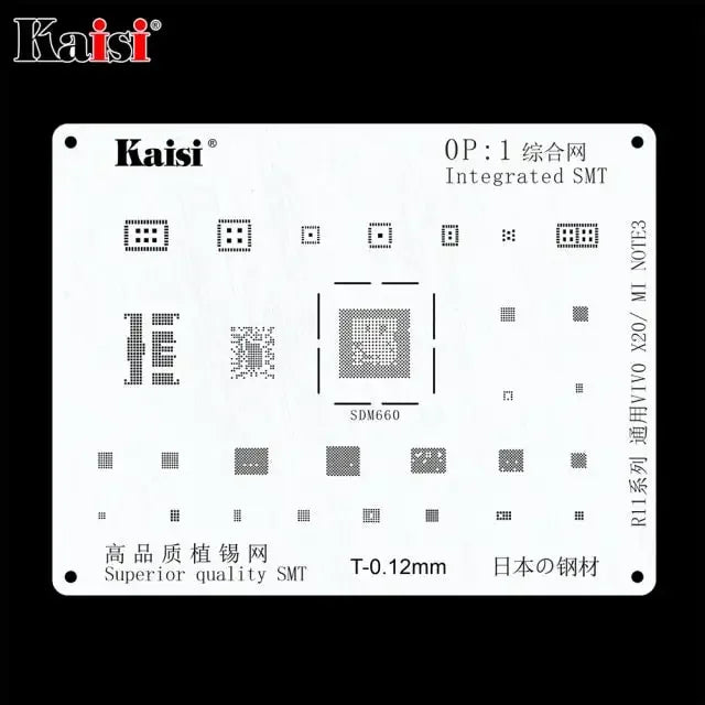 BGA Reballing Stencil Kit for Samsung, Huawei, Xiaomi, Oppo, Meizu, LG phones by PHONEFIX, showing multiple stencils and tools.