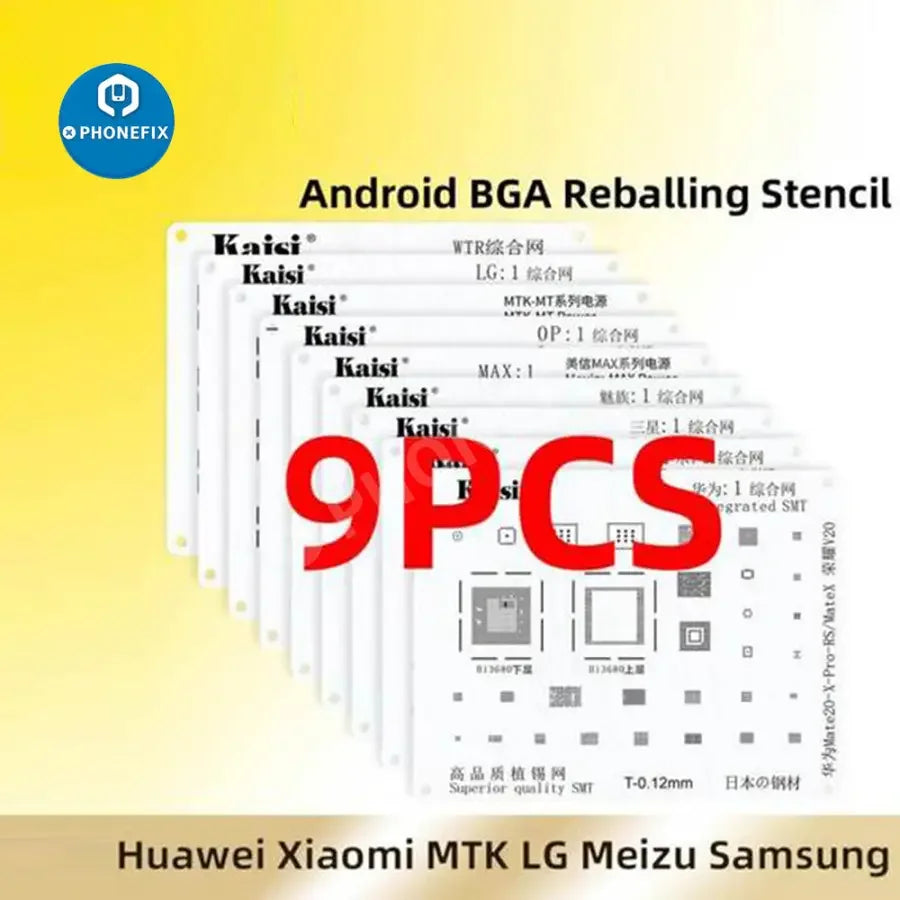 PHONEFIX BGA Reballing Stencil Kit for Samsung, Huawei, Xiaomi, Oppo, Meizu, LG smartphones, set with multiple stencils for rework.