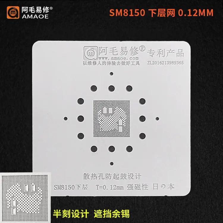 Amaoe BGA Reballing Stencil for SDM439 SM8250 CPU bottom, PHONEFIX brand, used for phone repair and reballing processes.