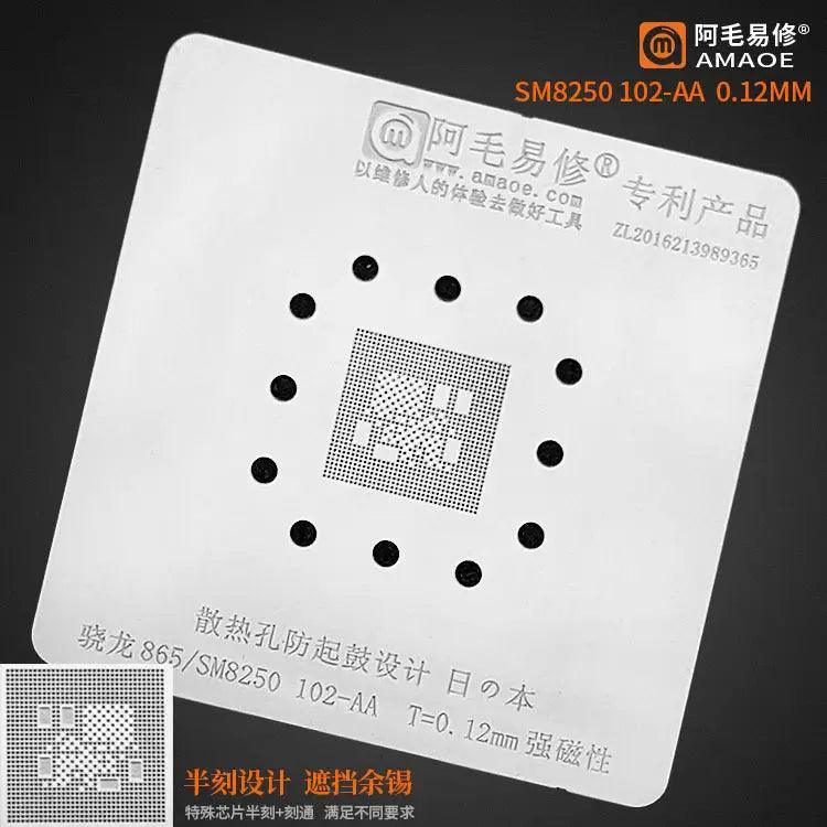Amaoe BGA Reballing Stencil for SDM439 and SM8250 CPU bottom, used for mobile phone repair, by PHONEFIX.