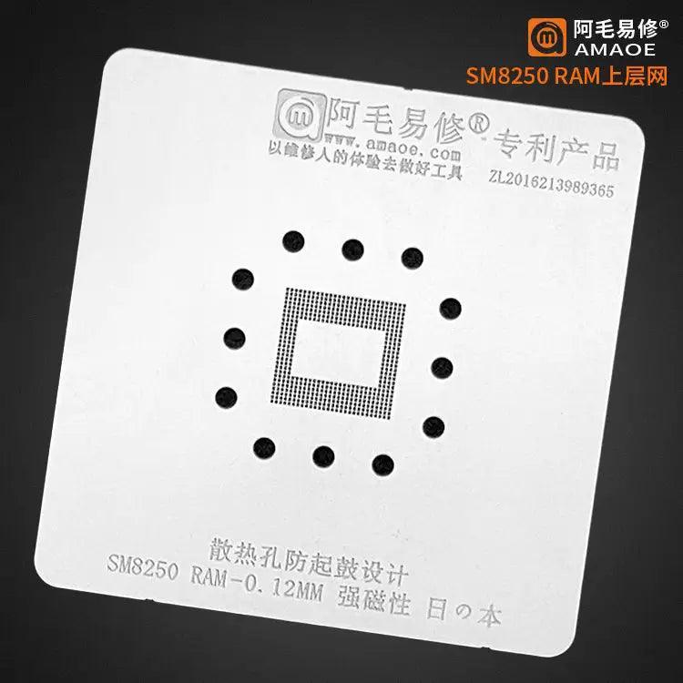 Amaoe BGA reballing stencil for SDM439 and SM8250 CPUs, used for phone repair and reballing processes by PHONEFIX.