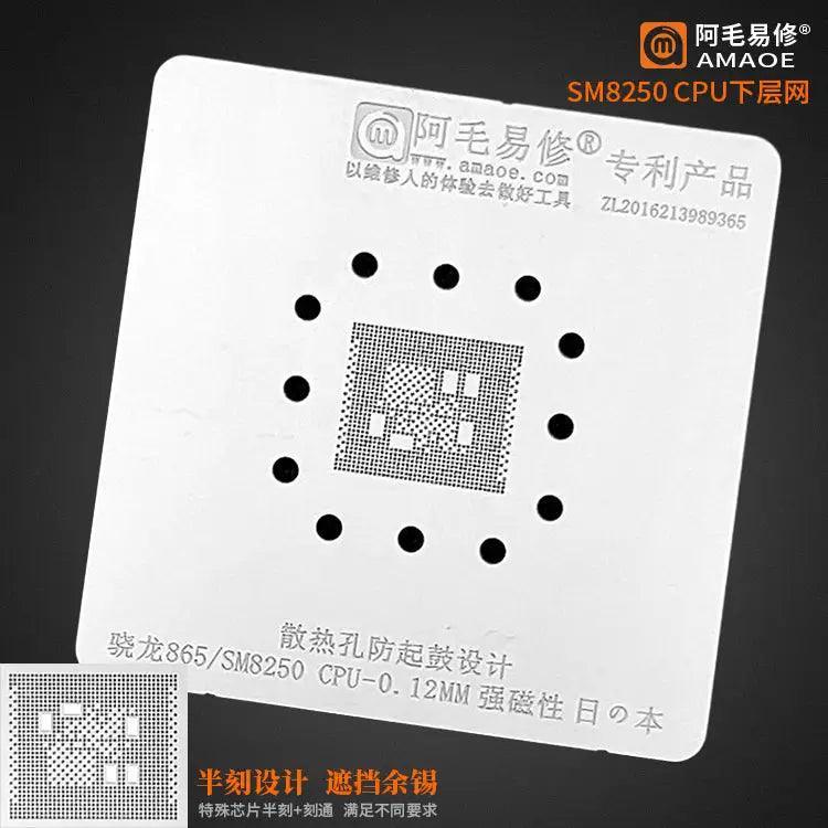 Amaoe BGA reballing stencil for SDM439 and SM8250 CPUs, used for phone repair and reballing processes, manufactured by PHONEFIX.