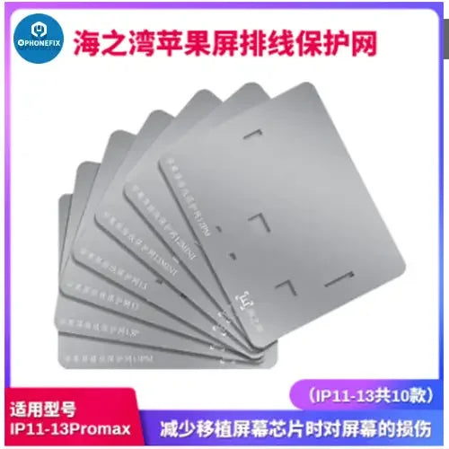 PhoneFix BGA reballing stencil for iPhone 11-13PM screen display IC protection, used for precise reballing and repair.