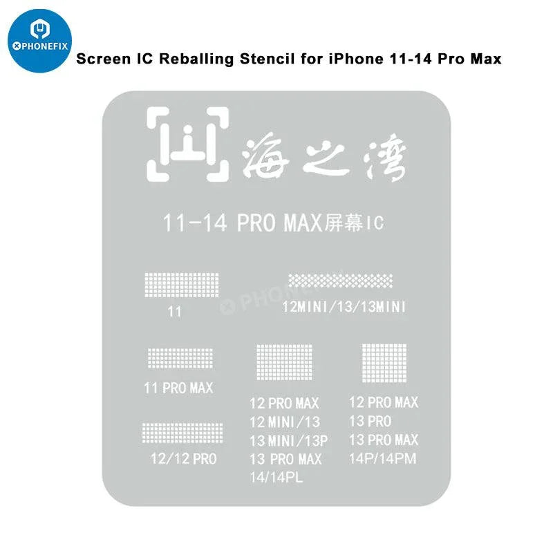 PHONEFIX BGA reballing stencil for iPhone 11-13PM screen display IC protection, used for precise IC reballing repair.