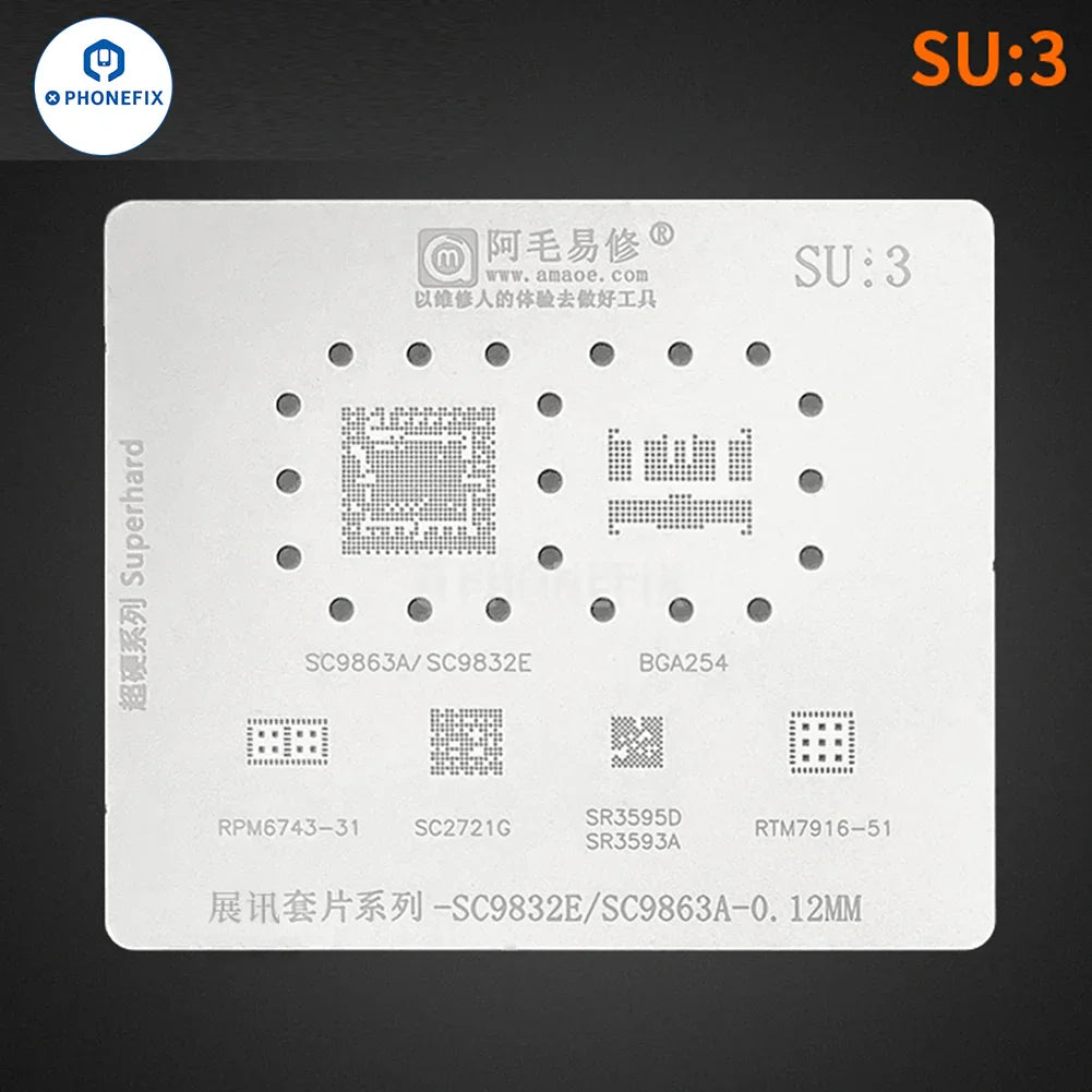 PHONEFIX AMAOE BGA Reballing Stencil for Spreadtrum SU3 CPU, 0.12mm precision for reballing applications.