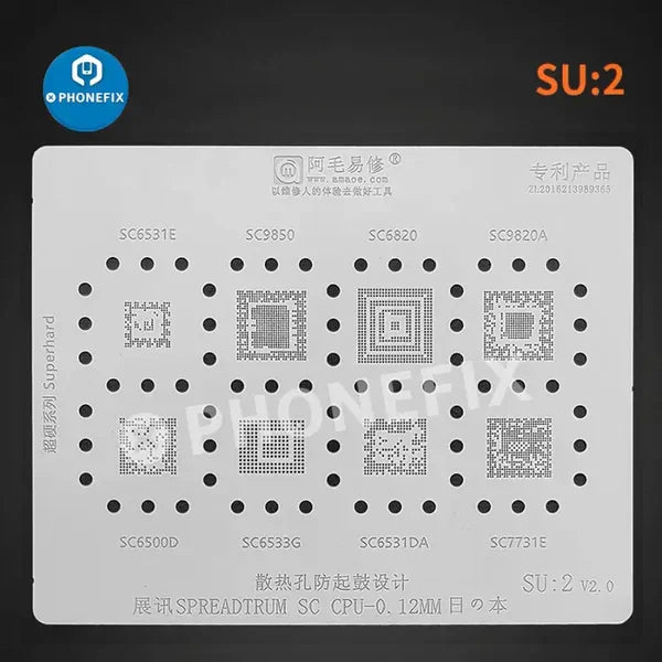 Phonefix AMAOE BGA Reballing Stencil for Spreadtrum SU2 CPU, 0.12mm reballing stencil for chip repair and rework.
