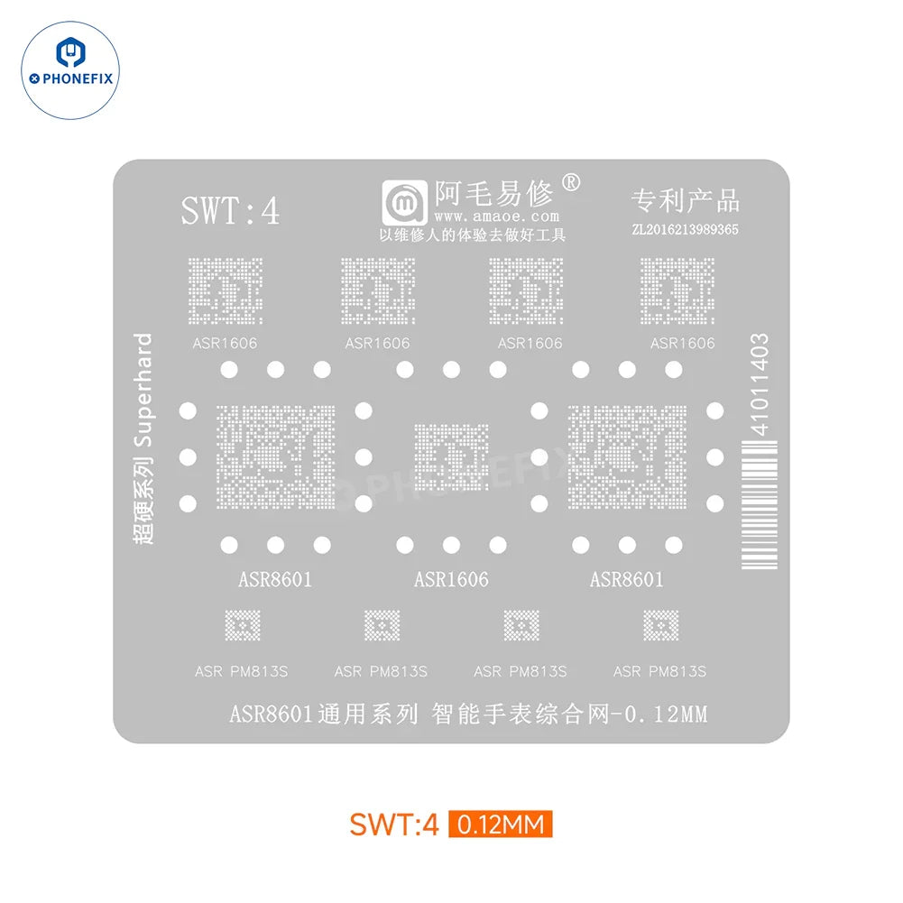 AMAOE SWT Series Smartwatch BGA Reballing Stencil by PHONEFIX, showing a detailed metal stencil for precise reballing repairs.