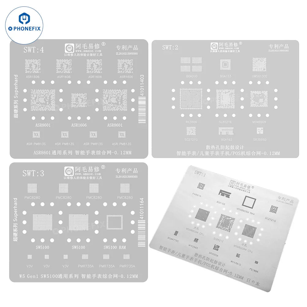 Plantilla de reballing BGA PhoneFix AMAOE Serie SWT para la reparación de relojes inteligentes, con un diseño multifuncional preciso y una fabricación de alta calidad.