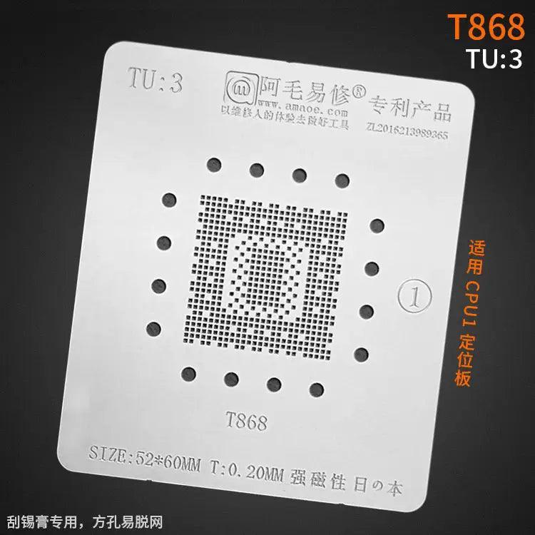 Amaoe BGA reballing stencil with square holes for LCD TV CPU soldering, used for precise tin application in electronics repair.