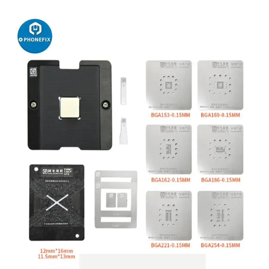 Amaoe BGA reballing stencil for EMMC, EMCP, UFS, with positioning platform by PHONEFIX for precise chip reballing.