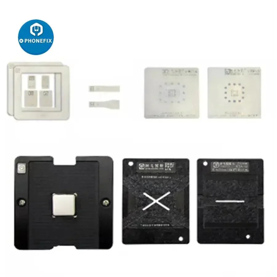 Amaoe BGA reballing stencil for eMMC, EMCP, and UFS chips on PHONEFIX positioning platform, used for chip repair and reballing.
