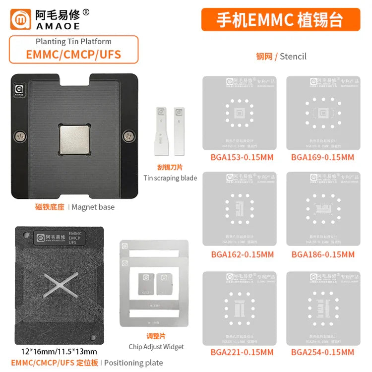 PHONEFIX BGA Reballing Stencil for EMMC EMCP UFS positioning platform, showing precise stencil with holes for chip reballing.