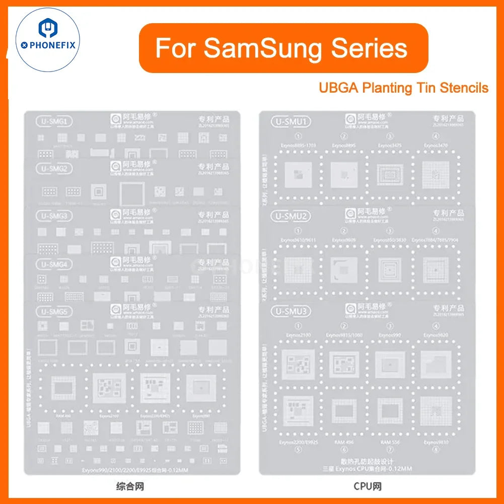 Plantilla universal Phonefix Amaoe de 0.12 mm para reballing de CPU BGA en dispositivos Samsung, utilizada para reparaciones de reballing precisas.