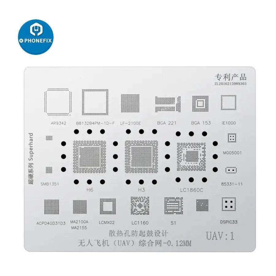 Multifunctional UAV BGA reballing stencil for drone motherboard repair by PHONEFIX, with detailed metal design and precision openings.