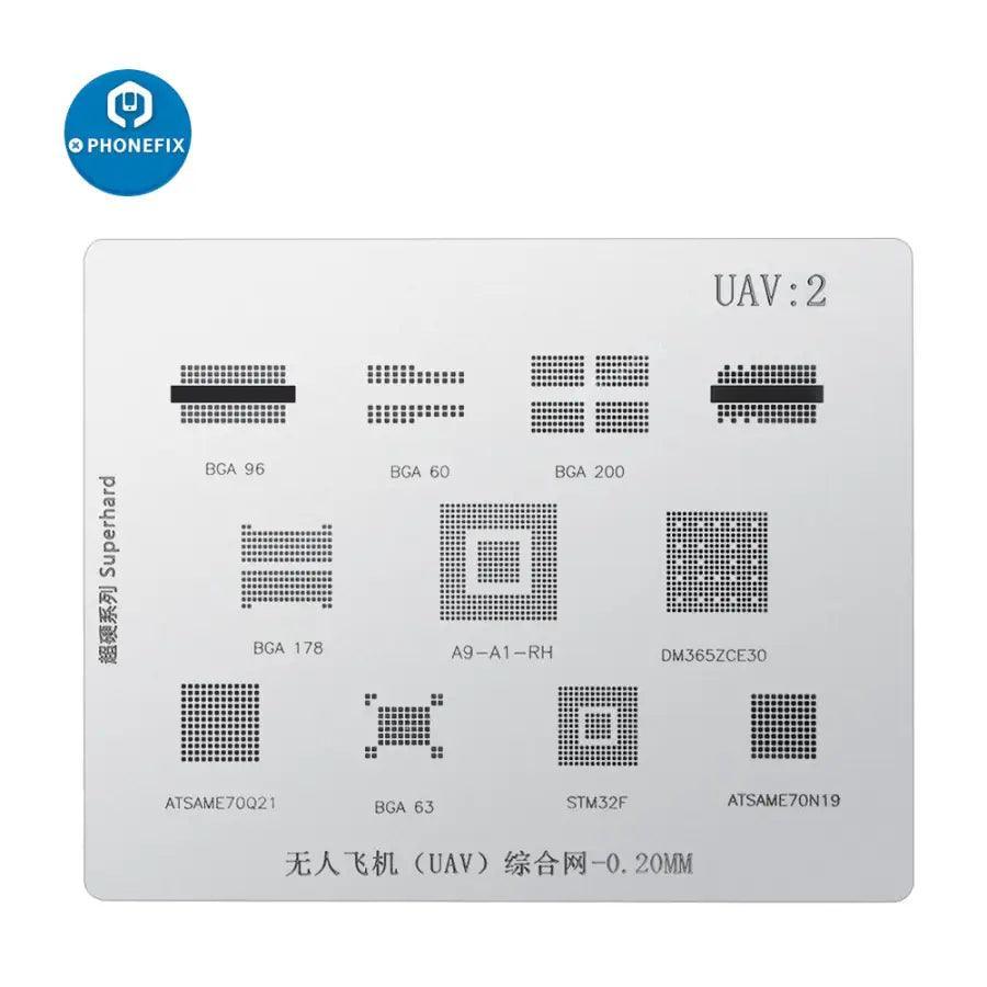 Phonefix multifunctional UAV BGA reballing stencil for drone motherboard repair, used for precise BGA reballing and drone repairs.