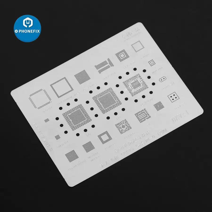 Multifunctional UAV BGA reballing stencil for drone motherboard repair by PHONEFIX, showing detailed stencil design on a black background.