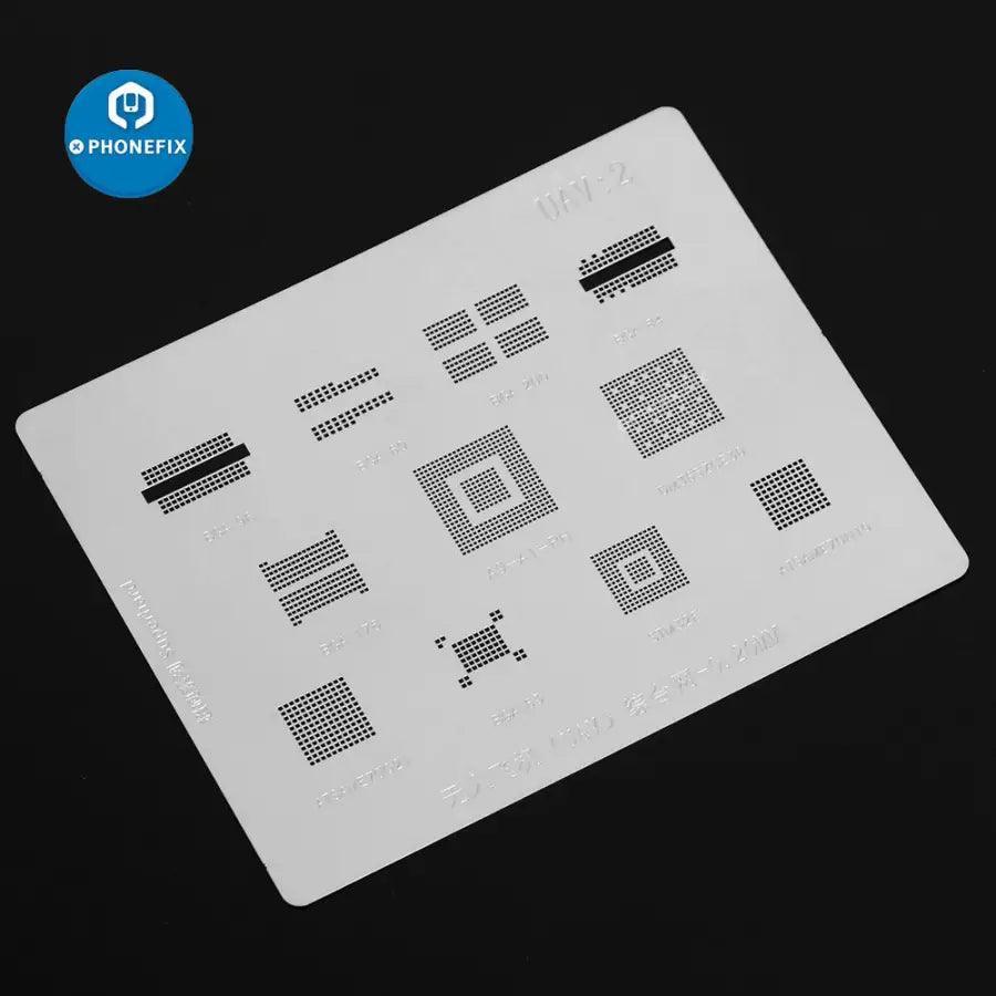 Multifunctional UAV BGA reballing stencil for drone motherboard repair by PHONEFIX, showing the detailed stencil design for BGA reballing.