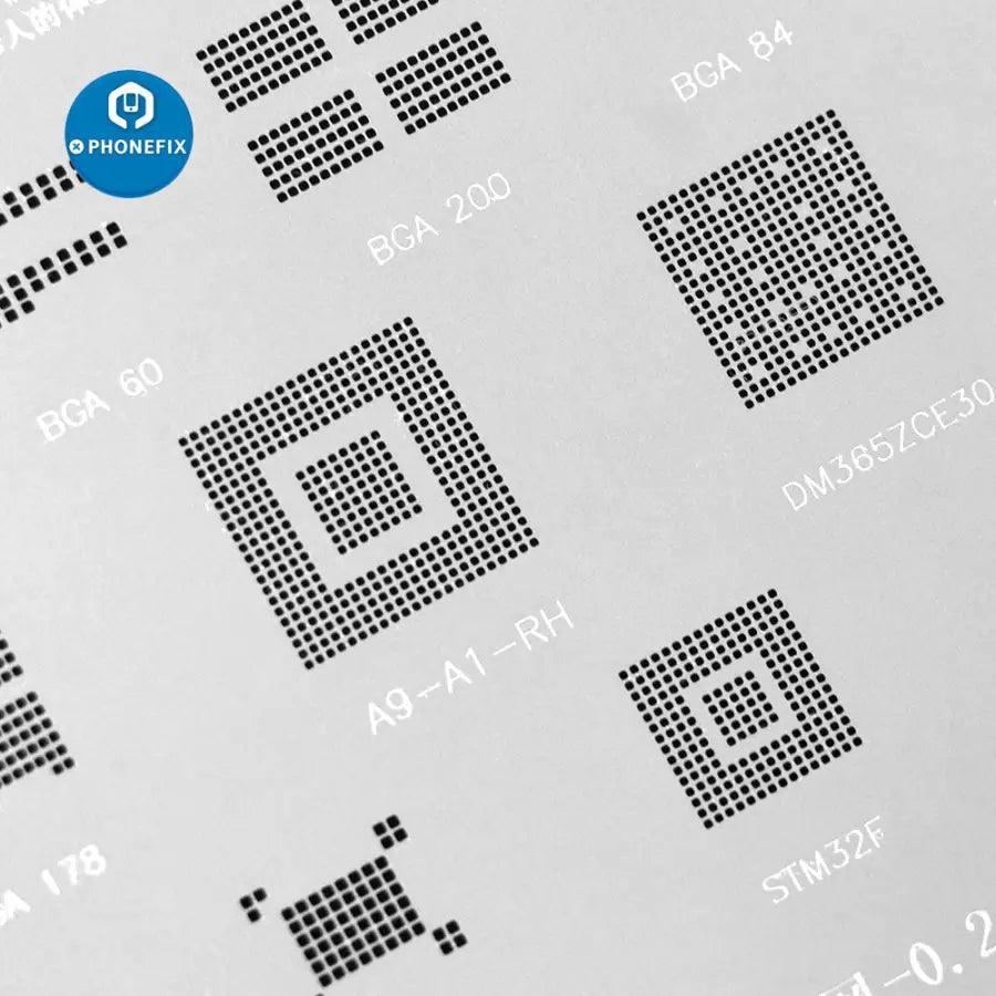 Multifunctional UAV BGA reballing stencil for drone motherboard repair by PHONEFIX, showing detailed stencil design on a white background.