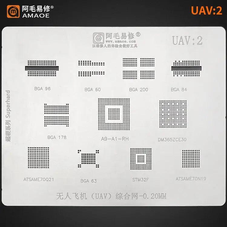 PhoneFix Universal Drones BGA Reballing Stencil Kit for motherboard repair, used for precise reballing of drone and phone circuit boards.