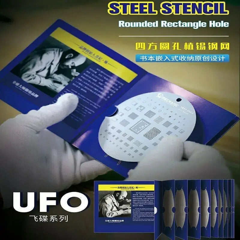PHONEFIX mechanic UFO BGA reballing stencil for iPhone and Android IC chips, precision tool for phone repair.