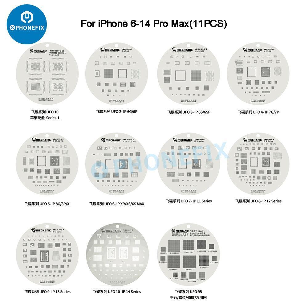 PhoneFix mechanic UFO BGA reballing stencil for iPhone and Android IC chips, used for precise reballing and chip repair.