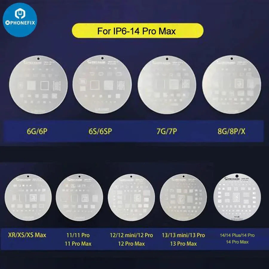 PhoneFix mechanic UFO BGA reballing stencil for iPhone and Android IC chips, used for precise BGA reballing repairs.