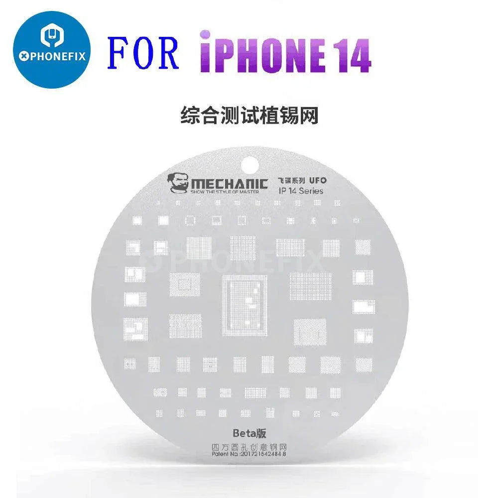 PHONEFIX mechanic UFO BGA reballing stencil for iPhone and Android IC chips, used for precise reballing and repair.