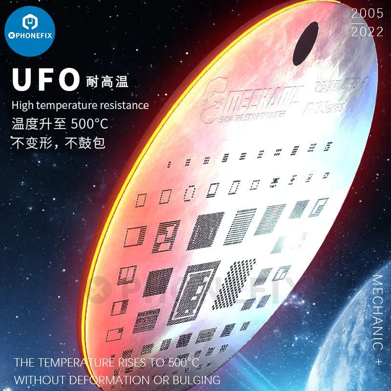 Mechanic UFO BGA reballing stencil for iPhone and Android IC chips, used for precise chip reballing and repair.