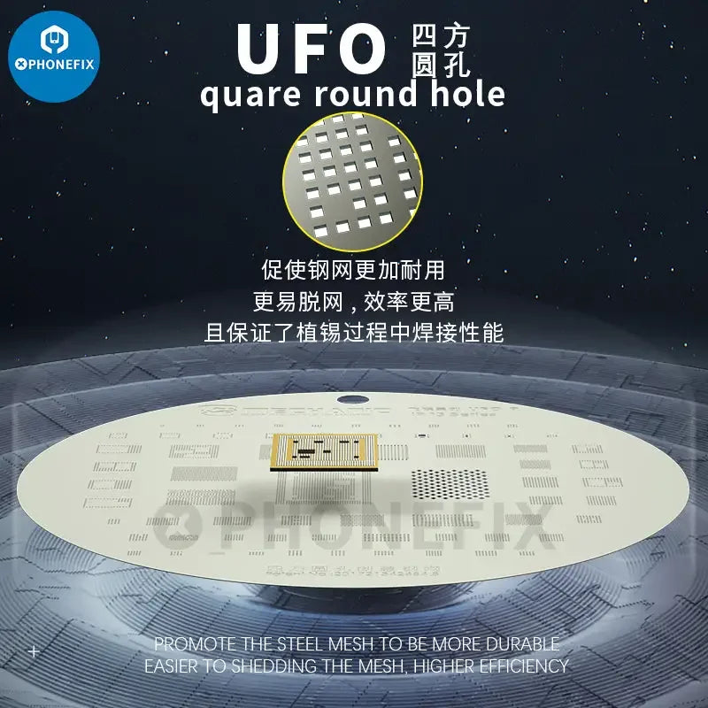 PhoneFix mechanic UFO BGA reballing stencil for iPhone and Android IC chips, used for reballing and repairing mobile device circuit boards.