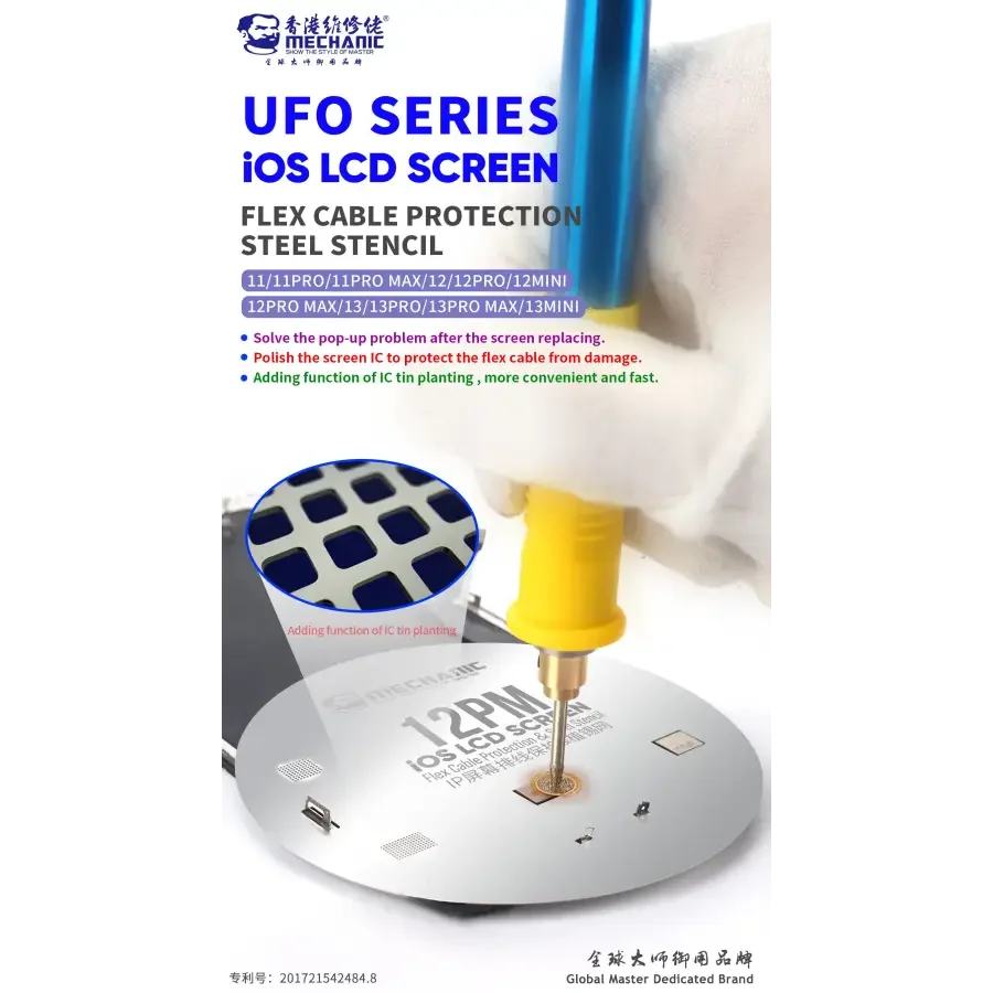 PhoneFix mechanic UFO BGA reballing stencil for iPhone and Android IC chips, used for precise chip reballing and repair.
